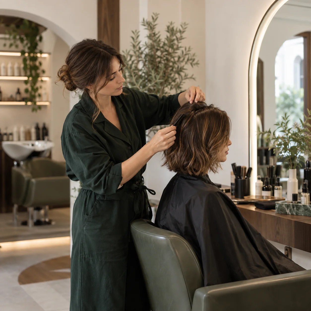 Parrucchiera che si dedica allo styling di una cliente in salone